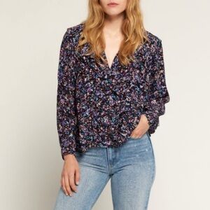 Joie Raquel B Long Sleeve Ruffle Top Black Blue Pink Floral Size 0X